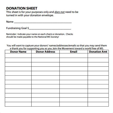 Printable Dollar Donation Sheet
